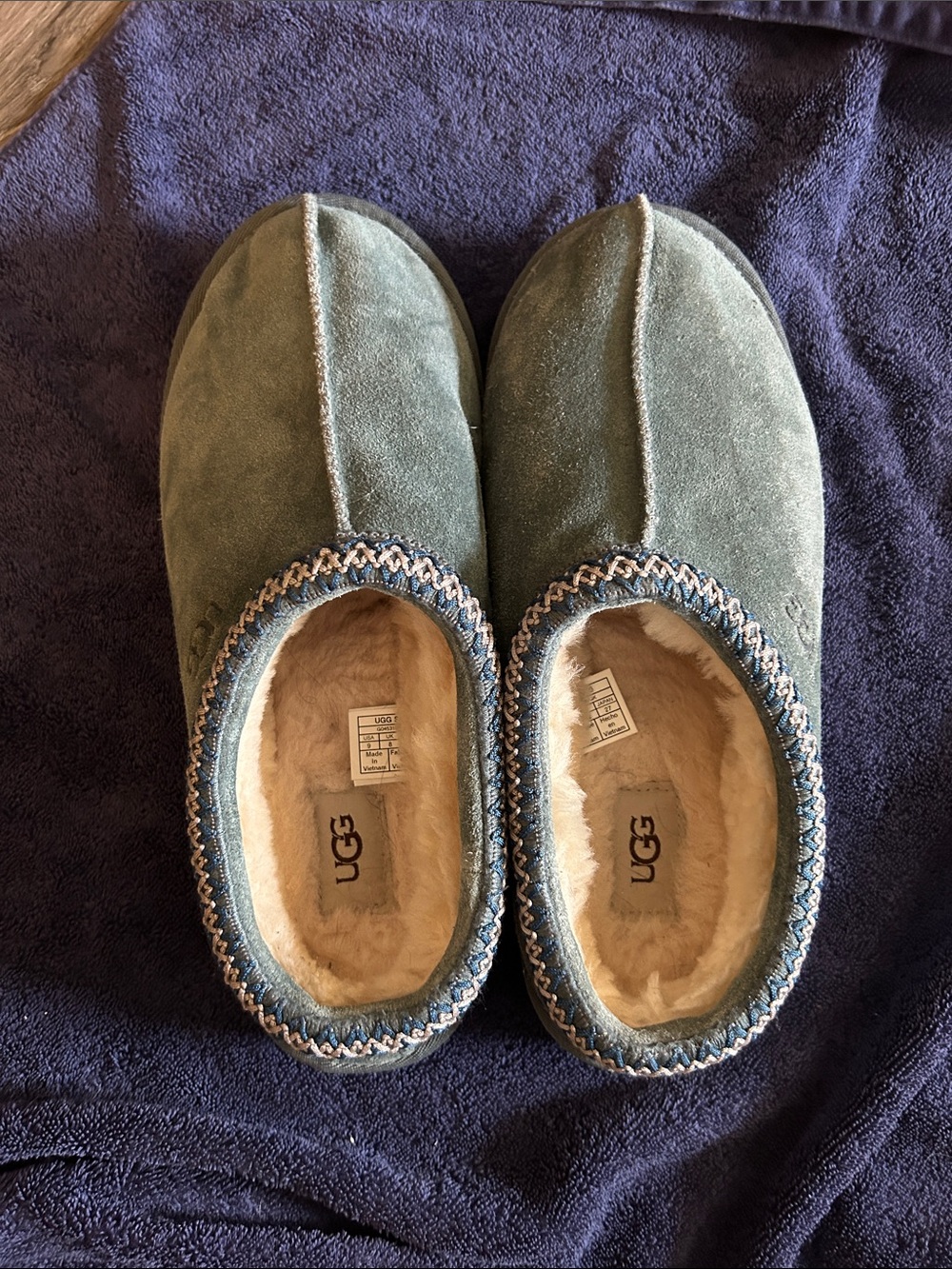 NWOT UGG Blue Suede Shearling Slip-Ons